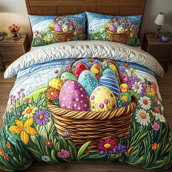 Egg Hunt Dreams quilted 3-piece bedding set on a made bed with two matching pillow shams