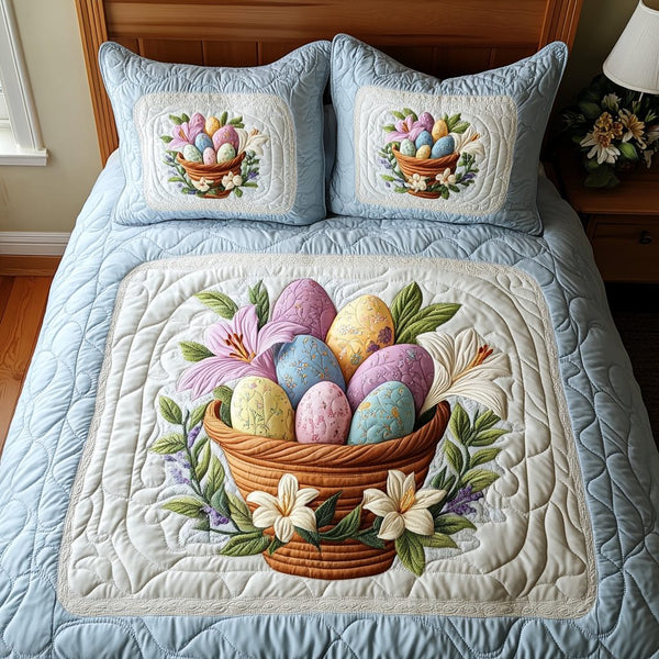 Egg Hunt Joy quilted 3-piece bedding set on a made bed with two matching pillow shams