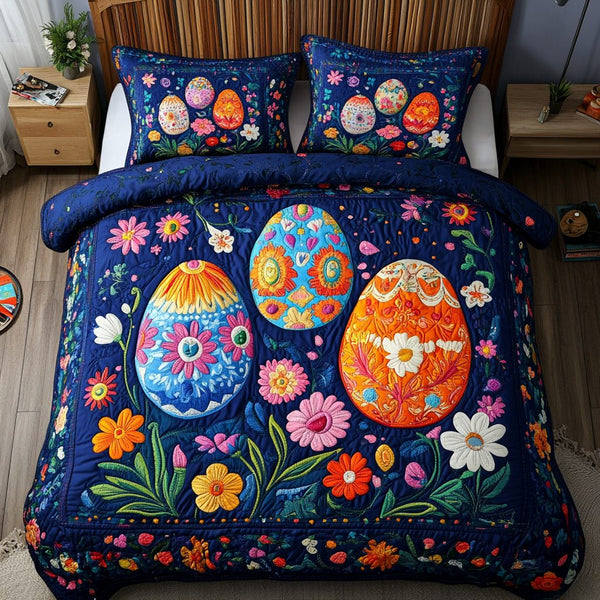 Eggstra Magic quilted 3-piece bedding set on a made bed with two matching pillow shams