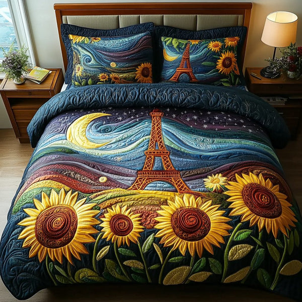 Eiffel Dream quilted 3-piece bedding set on a made bed with two matching pillow shams
