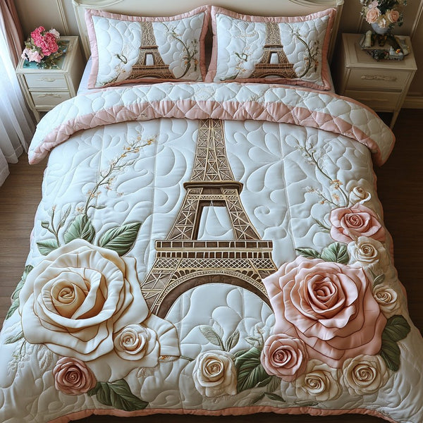 Eiffel Elegance quilted 3-piece bedding set on a made bed with two matching pillow shams
