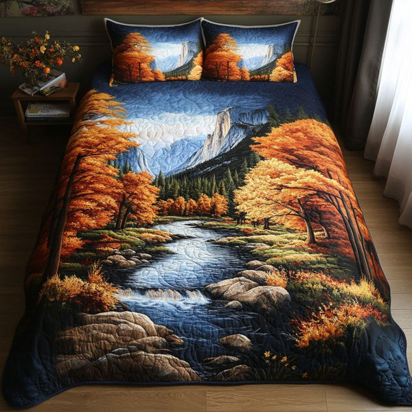 El Capitan in Autumn quilted 3-piece bedding set on a made bed with two matching pillow shams