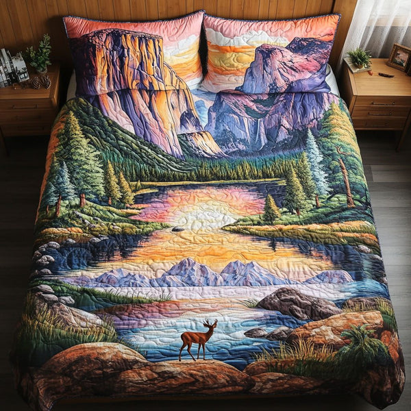 El Capitan Wilderness quilted 3-piece bedding set on a made bed with two matching pillow shams