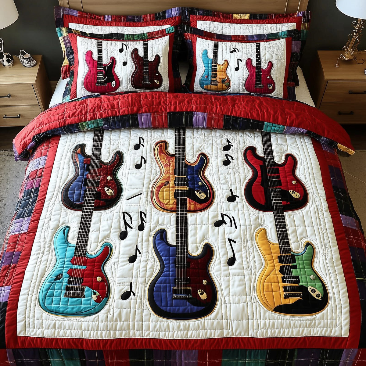 Electric Guitar Collection quilted 3-piece bedding set on a made bed with two matching pillow shams