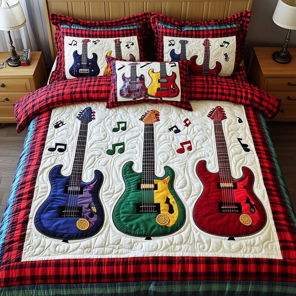 Electric Guitar Collection quilted 3-piece bedding set on a made bed with two matching pillow shams