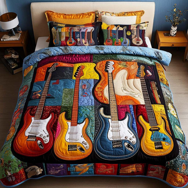 Electric Harmony quilted 3-piece bedding set on a made bed with two matching pillow shams