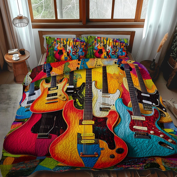 Electric Pulse quilted 3-piece bedding set on a made bed with two matching pillow shams
