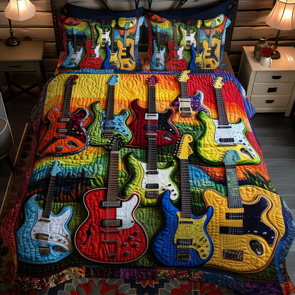 Electric Rhythm quilted 3-piece bedding set on a made bed with two matching pillow shams