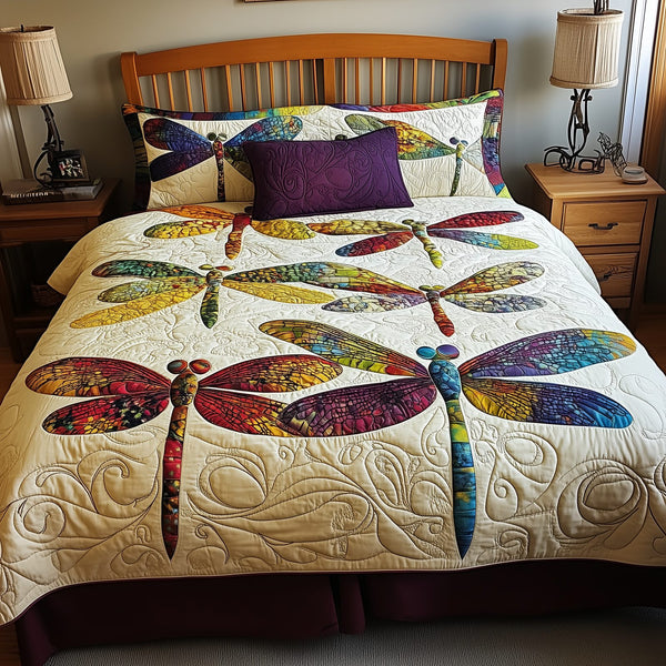 Elegance Dragonfly quilted 3-piece bedding set on a made bed with two matching pillow shams