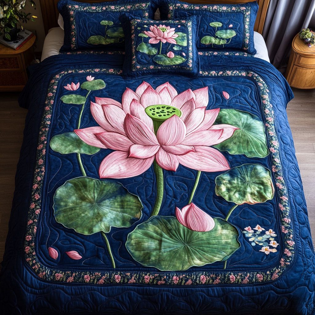 Elegance Lotus quilted 3-piece bedding set on a made bed with two matching pillow shams