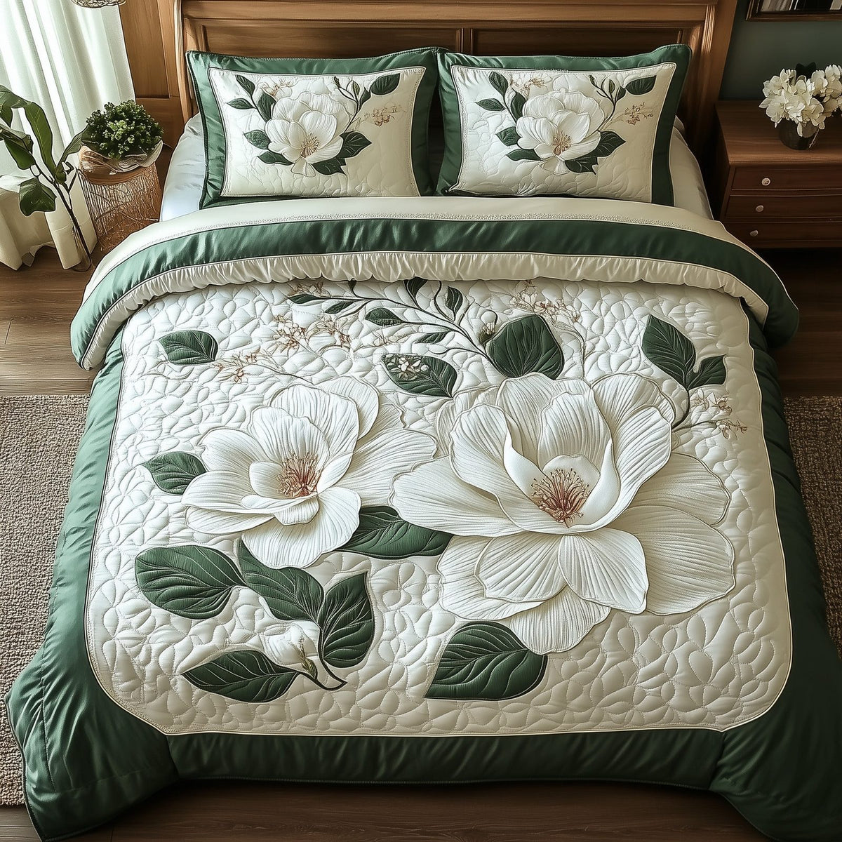 Elegant Blooming Magnolia quilted 3-piece bedding set on a made bed with two matching pillow shams