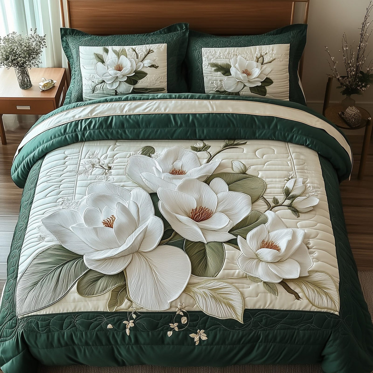 Elegant Blooming Magnolia quilted 3-piece bedding set on a made bed with two matching pillow shams