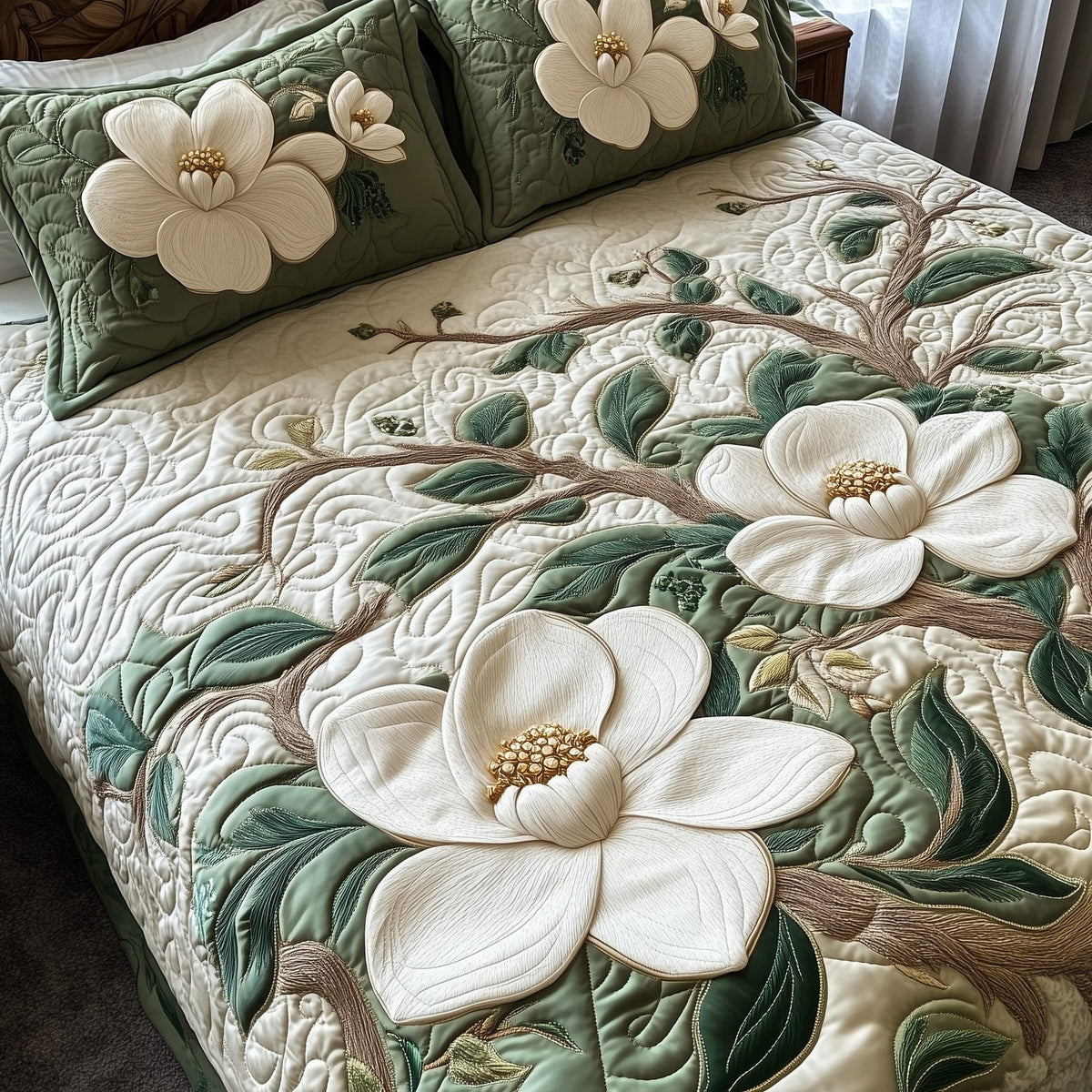 Elegant Blooming Magnolia quilted 3-piece bedding set on a made bed with two matching pillow shams