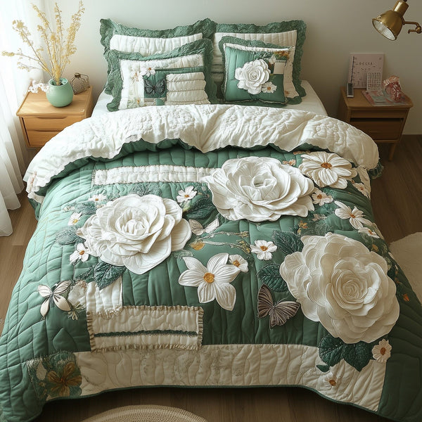 Elegant Blooming Spring quilted 3-piece bedding set on a made bed with two matching pillow shams