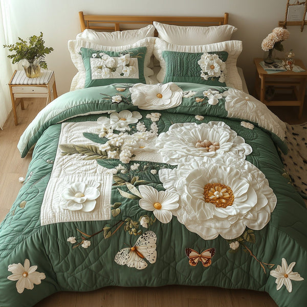 Elegant Blooming Spring quilted 3-piece bedding set on a made bed with two matching pillow shams