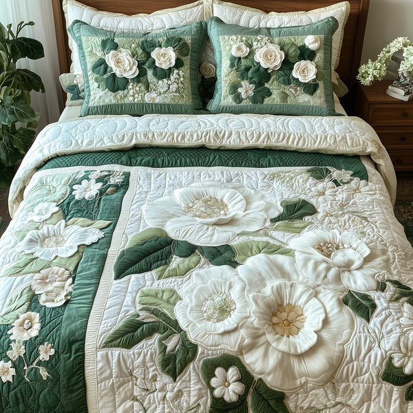 Elegant Blooming Spring quilted 3-piece bedding set on a made bed with two matching pillow shams