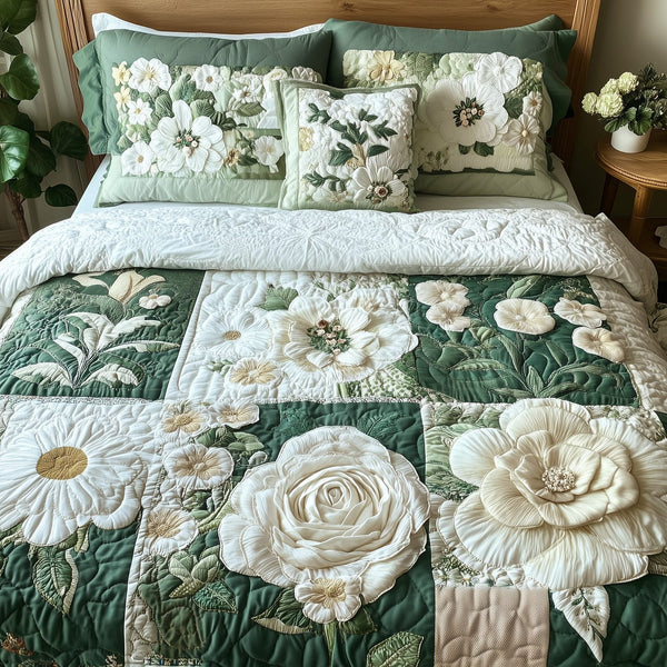 Elegant Blooming Spring quilted 3-piece bedding set on a made bed with two matching pillow shams
