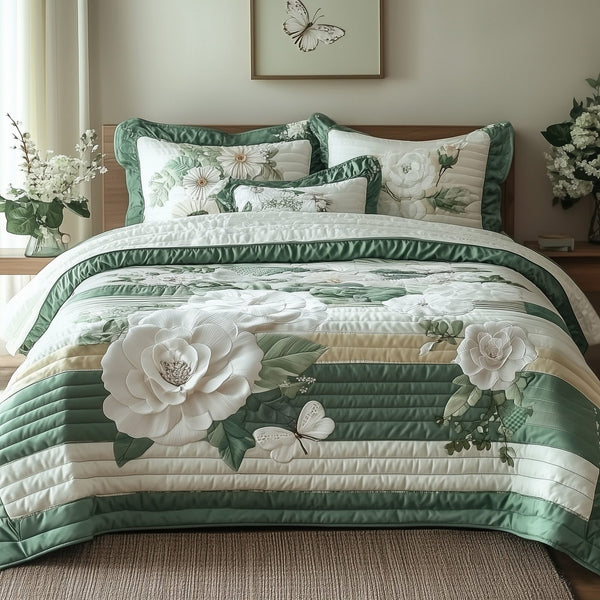 Elegant Blooming Spring quilted 3-piece bedding set on a made bed with two matching pillow shams
