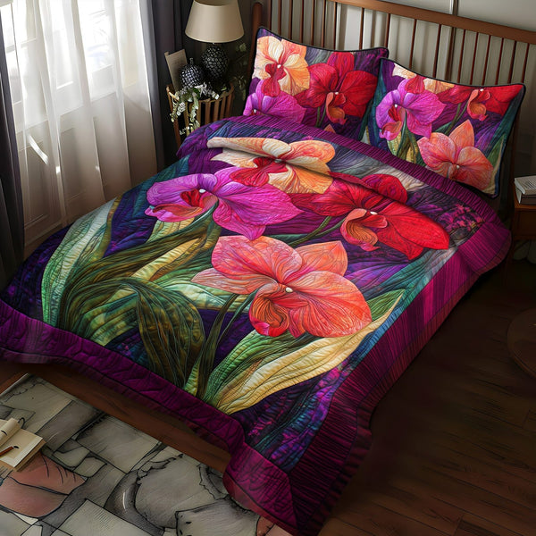 Elegant Bloomscape quilted 3-piece bedding set on a made bed with two matching pillow shams