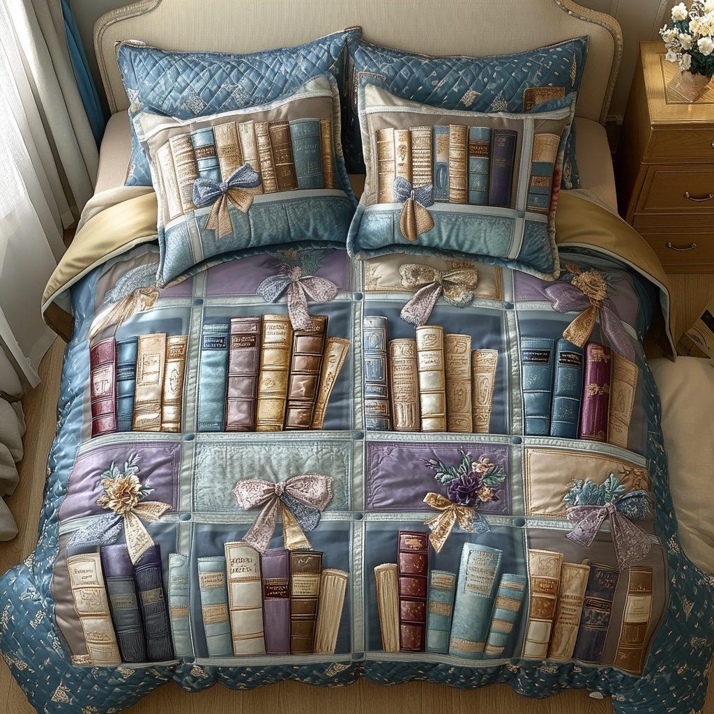 Elegant Books quilted 3-piece bedding set on a made bed with two matching pillow shams
