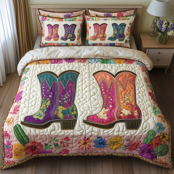 Elegant Cowboy Boot quilted 3-piece bedding set on a made bed in a rustic timber bedroom