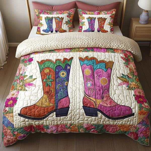 Elegant Cowboy Boot quilted 3-piece bedding set on a made bed in a rustic timber bedroom