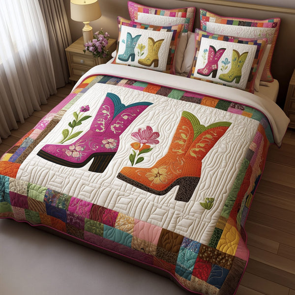 Elegant Cowboy Boot quilted 3-piece bedding set on a made bed in a rustic timber bedroom