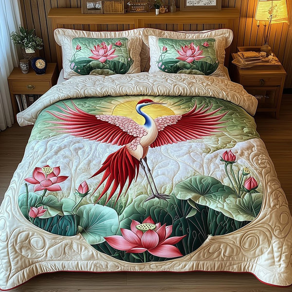 Elegant Crane quilted 3-piece bedding set on a made bed with two matching pillow shams