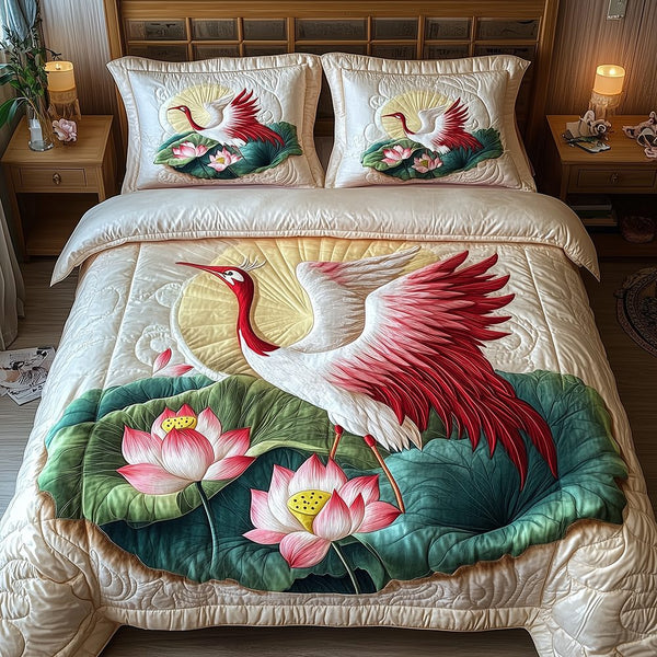 Elegant Crane quilted 3-piece bedding set on a made bed with two matching pillow shams