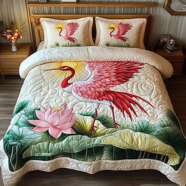 Elegant Crane quilted 3-piece bedding set on a made bed with two matching pillow shams