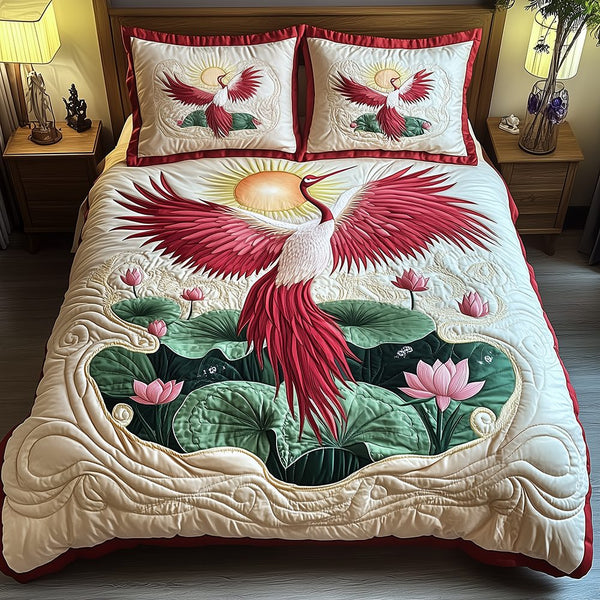 Elegant Crane quilted 3-piece bedding set on a made bed with two matching pillow shams