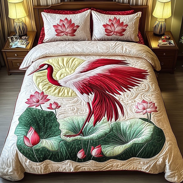 Elegant Crane quilted 3-piece bedding set on a made bed with two matching pillow shams