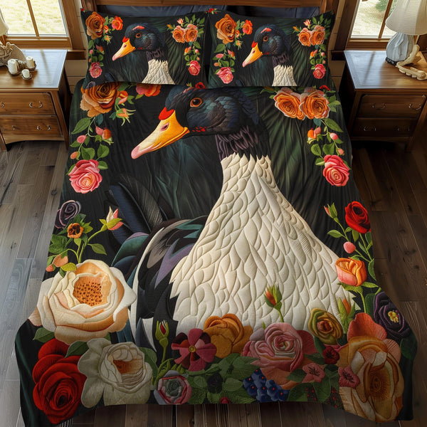 Elegant Duck quilted 3-piece bedding set on a made bed with two matching pillow shams