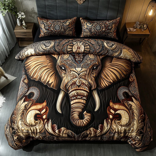 Elegant Elephant quilted 3-piece bedding set on a made bed with two matching pillow shams