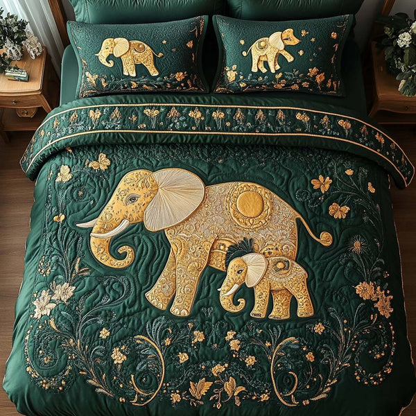 Elegant Elephant Spirit quilted 3-piece bedding set on a made bed with two matching pillow shams