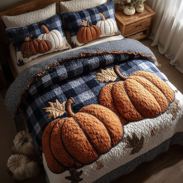 Elegant Fall quilted 3-piece bedding set on a made bed with two matching pillow shams