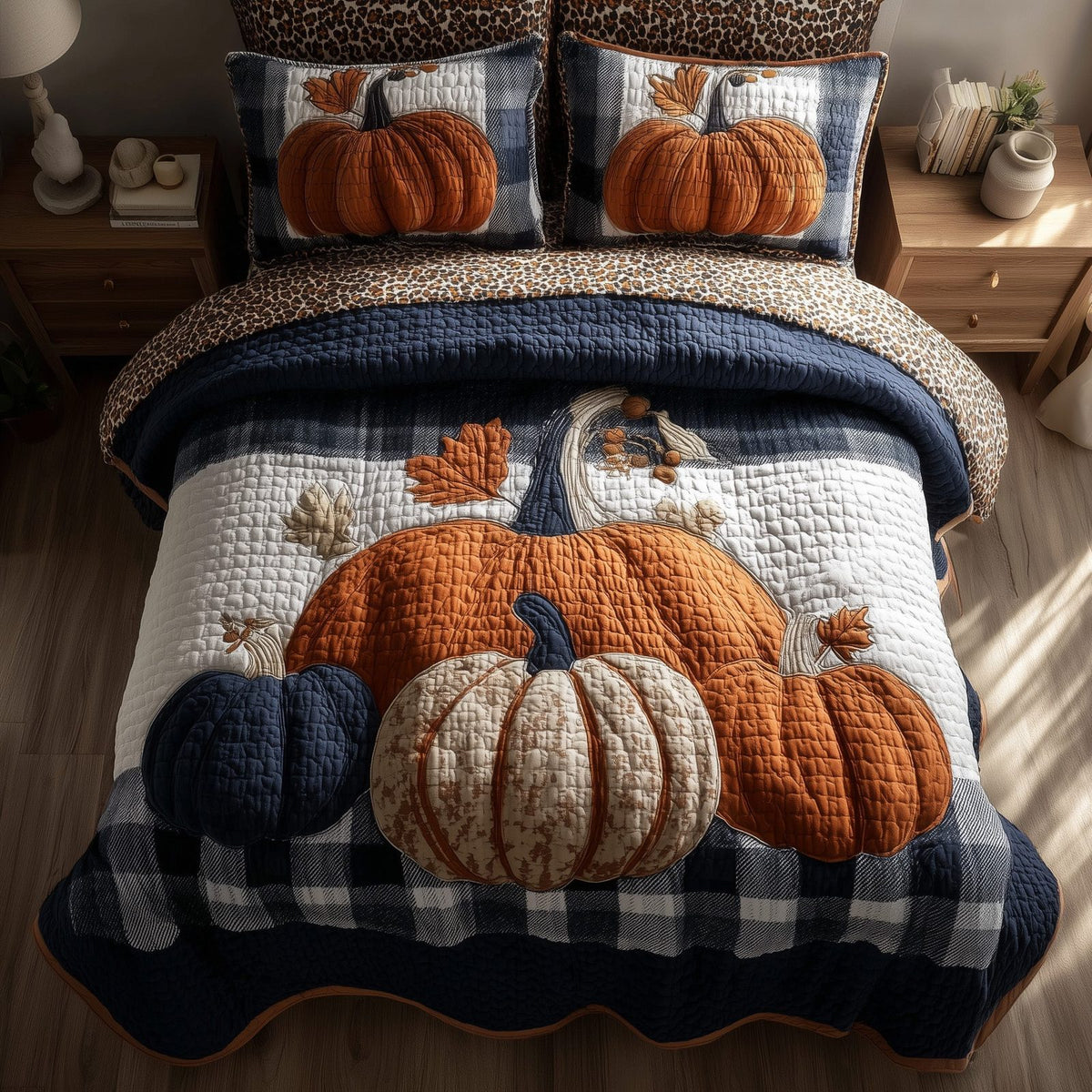 Elegant Fall quilted 3-piece bedding set on a made bed with two matching pillow shams