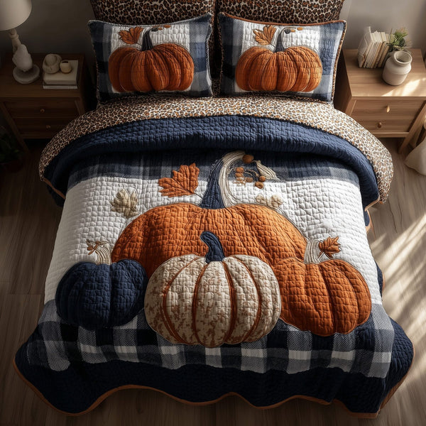 Elegant Fall quilted 3-piece bedding set on a made bed with two matching pillow shams