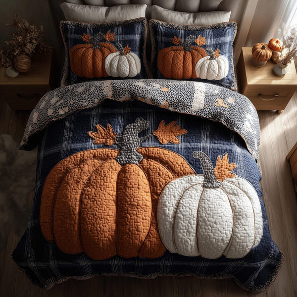 Elegant Fall quilted 3-piece bedding set on a made bed with two matching pillow shams