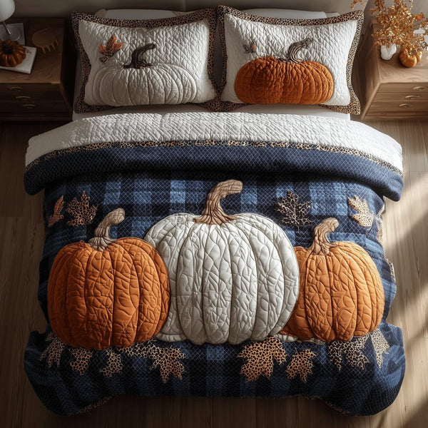 Elegant Fall quilted 3-piece bedding set on a made bed with two matching pillow shams
