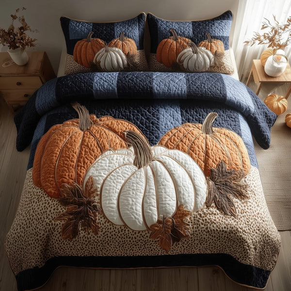Elegant Fall quilted 3-piece bedding set on a made bed with two matching pillow shams