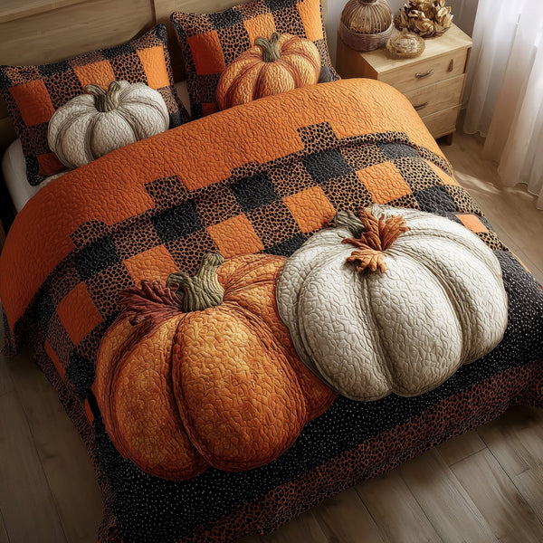 Elegant Fall quilted 3-piece bedding set on a made bed with two matching pillow shams