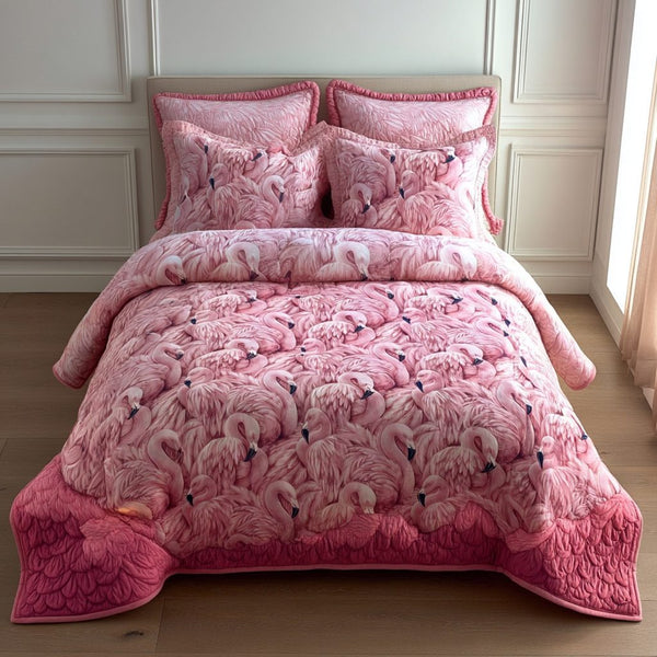 Elegant Flamingo quilted 3-piece bedding set on a made bed with two matching pillow shams