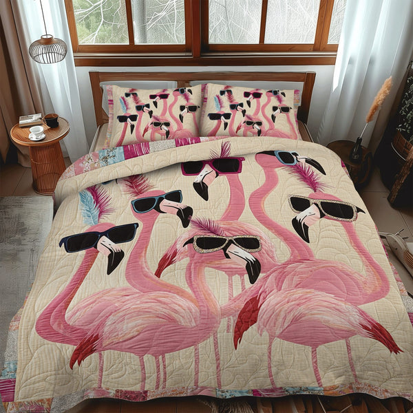 Elegant Flamingo Tropical quilted 3-piece bedding set on a made bed in a light coastal bedroom