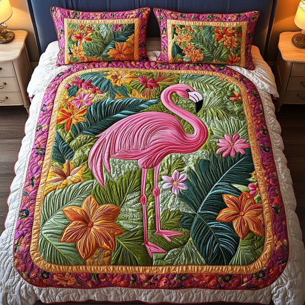 Elegant Flock quilted 3-piece bedding set on a made bed with two matching pillow shams