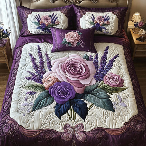 Elegant Floral quilted 3-piece bedding set on a made bed with two matching pillow shams