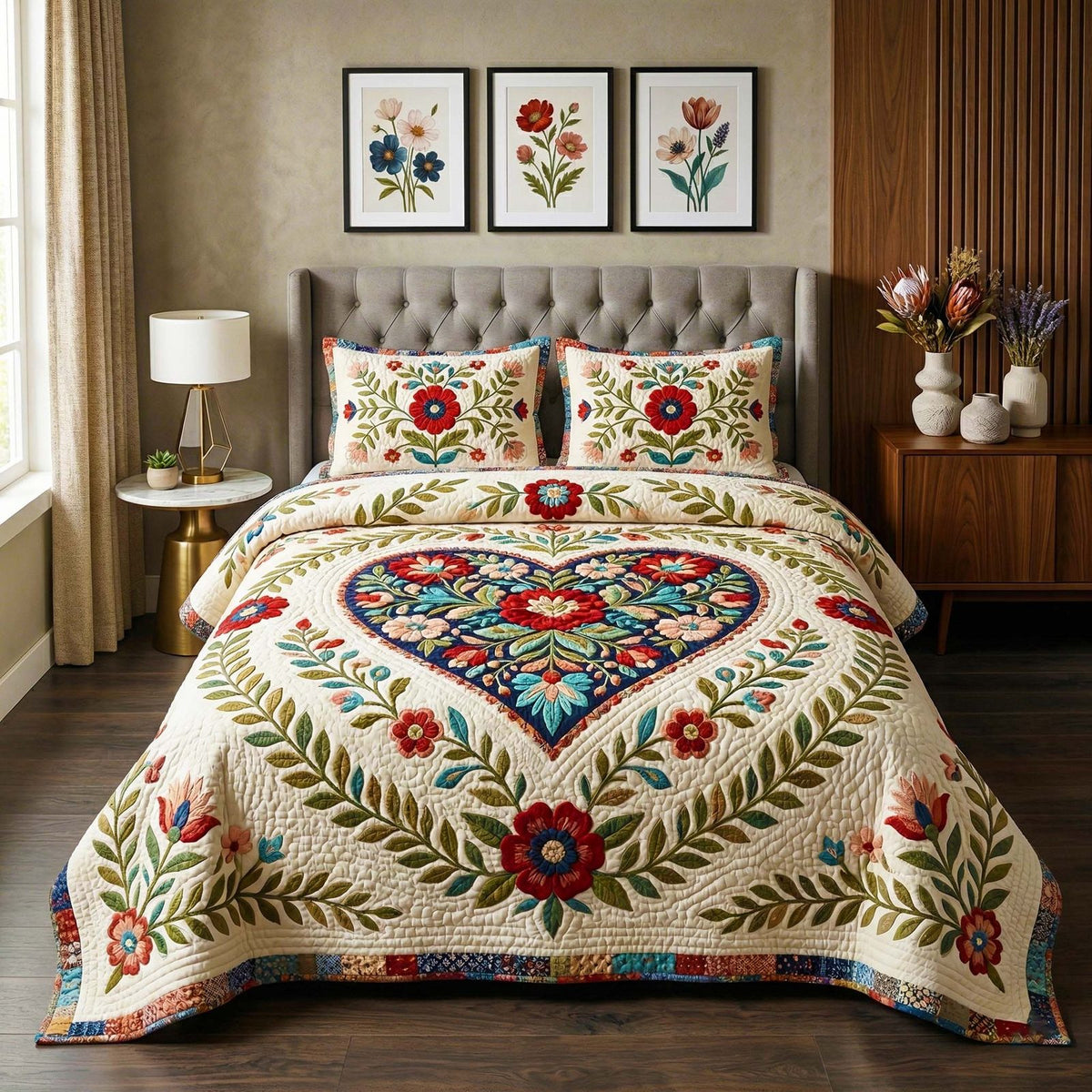 Elegant Folk Heart quilted 3-piece bedding set on a made bed in a farmhouse bedroom