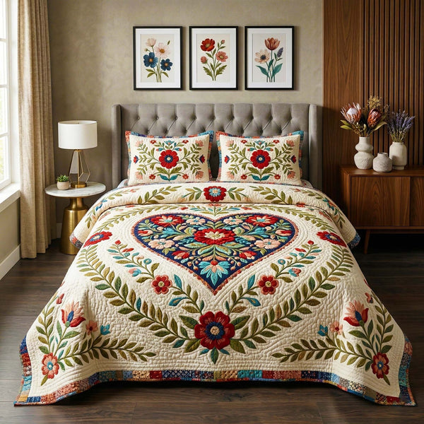 Elegant Folk Heart quilted 3-piece bedding set on a made bed in a farmhouse bedroom