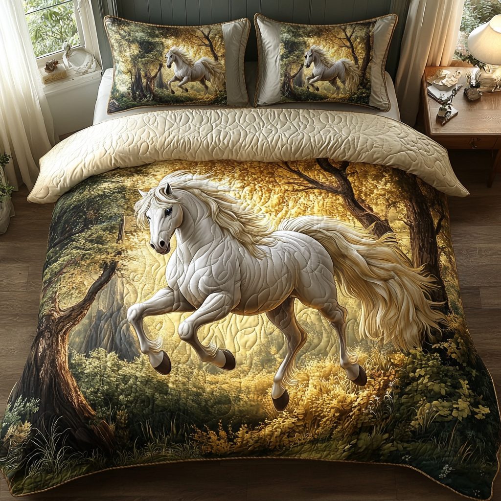 Elegant Gallop quilted 3-piece bedding set on a made bed with two matching pillow shams
