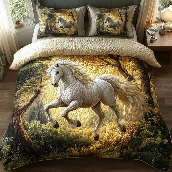 Elegant Gallop quilted 3-piece bedding set on a made bed with two matching pillow shams